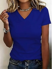 economico T-shirt semplice-T-shirt da donna 100% cotone - maglietta a maniche corte con scollo a V, comoda e di qualità.