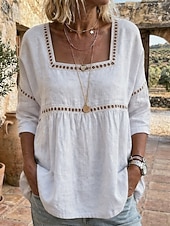  Femmes Chemises en coton et lin Chemisier Couleur Unie Élégant Bohème Manche 3/4 Col carré Hauts Réguliers Extérieur Bleu Blanche Rose Claire Vert Kaki Été Printemps