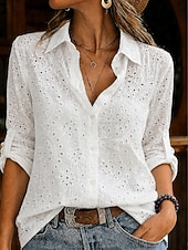Недорогие Plain Blouses-Women's Blouse Embroidered Buttons Solid Color Elegant Casual Long Sleeve Turndown Regular Tops Casual Daily Holiday White Red Purple Green Summer Spring