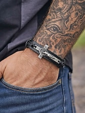 baratos Jóias Masculinas-Pulseira masculina de couro genuíno com liga metálica e cruz, ajustável nas cores preta ou marrom, joia vintage casual para uso diário, viagens e looks de férias.