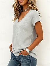 cheap Plain tee-Women's T Shirt Stylish Short Sleeve V Neck Regular Tops Casual Olive green (official brushed inner version) Grey (Official brushed inner fabric) White (official brushed inner fabric) Summer Spring