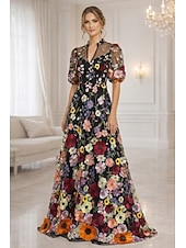 abordables Largo del piso-Corte A Hasta el Suelo Vestido de Madrina Manga Corta Escote en Pico Elegante Vintage Lujoso Formal Invitado a la boda Fiesta de Boda Encaje Tul con Flores 3D Bordados Flor