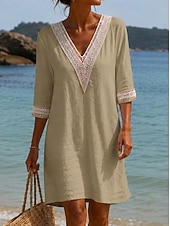 cheap Plain Dress-Women's Knee Length Dress Lace Dress White Dress Summer Dress Elegant Fashion Daily Beach Vacation Regular Fit Plain Half Sleeve V Neck Blue Khaki White Orange Summer Spring