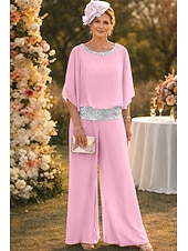 abordables Trajes de pantalón de mamá-Dos Piezas Traje de pantalón Hasta el Suelo Vestido de Madrina Media Manga Cuello Barco Elegante Vintage Sencillo Invitado a la boda Festivos Noche formal Gasa con Lentejuela