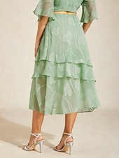  Damen Elegant Midi Mittlere Taille Röcke Blumen Spitze Rüsche Geschichtet Mikroelastisch Date Alltagstauglich Salbeigrün Frühling, Herbst, Winter, Sommer