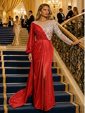 economico Abiti da ballo-Sirena Tromba Strascico da Corte Abito da Sera Abito da ballo con sopragonna Abito formale Elegante Manica Lunga Scollo Illusione Formale Con Paillettes con Pieghe Paillettes