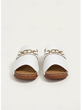abordables Sandalias deslizantes-Sandalias metalizadas doradas para mujer: sandalias cómodas de punta abierta con detalle de cadena para uso casual y de verano.