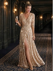 ieftine Rochii de seară în linie A-Linia -A Lungime Podea Rochii de seara Rochie formală Elegant Sclipici Split de înaltă Lungime Manșon 3/4 În V Serată Nuntă Paiete cu Strălucire Paiete Culoare solida