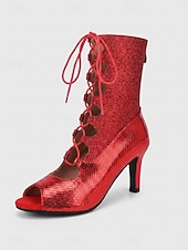 baratos Sapatos de Dança Latina-Botas de dança latina femininas vermelhas com glitter – sapatos de salto alto com cadarço e bico aberto para salsa e dança de salão. &amp;dança de tango