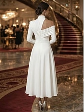 economico Abiti da cocktail-Linea ad A Lunghezza alla caviglia Lunghezza Tè Abiti da Cocktail Elegante Abito da sera stile impero Manica Lunga Collo Alto Festa serale Matrimonio Raso Elasticizzato con Pieghe Tinta unita