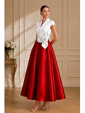 preiswerte Cocktailkleider-A-Linie Tee-Länge Cocktailkleider Partykleider Elegant Farbblock seidig Kurzarm V Ausschnitt Hochzeit Formell Tasche Satin mit Tasche