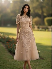 abordables Vestidos de cóctel-A-Line Tea Length Cocktail Dresses Elegant Vintage Floral Short Sleeve Crew Neck Wedding Formal Pink Dress Lace Tulle with Beaded Eembroidered Appliques