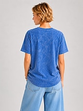 billige Uavhengighetsdag Topp-Amerikansk uavhengighetsdag Dame Vasket bomull 100% قطن Broderi Elegant Årgang Kortermet Crew-hals Rund hals Vanlige topper Avslappet Daglig Blå Sommer Vår Høst Vinter