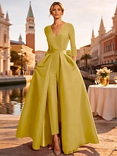 abordables Vestidos de gala-Dos Piezas Mono Hasta el Suelo Desmontable Vestidos de noche Elegante Manga Larga Escote en Pico Boda Invitado a la boda Bolsillo Tejido elástico con Mariposa