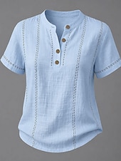 abordables T-shirt uni-Femmes T-shirt Chemise Henley Boutons Rayé Mode Manche Courte Henley Hauts Réguliers Occasionnel Plage Été Blanche Vert Claire bleu marine Bleu Ciel Orange Été Printemps