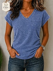  Mujer Algodón lavado Bolsillo Color sólido Vintage Elegante Manga Corta Manga Murciélago Escote en Pico Tops regulares Casual Verano Azul Piscina Verde Claro Verano Primavera