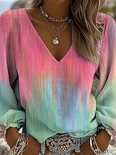 abordables Arte &amp; Diseño Blusas-Mujer Camisa camisa boho Graphic Abstracto Elegante Bohemia Vacaciones Manga Larga Escote en Pico Tops regulares Casual Diario Festivos Azul Piscina Amarillo Verde Claro Rosa Marrón Verano Primavera