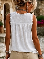 preiswerte Spitzenoberteile-Damen Hemd Spitzenbesatz Einfarbig Elegant Bohemien Urlaub Ärmellos Dreiviertelarm V Ausschnitt Normale Oberteile Lässig Täglich Ferien Weiß Sommer Frühling