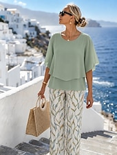 baratos Blusas femininas-Mulheres Conjuntos de calças Manga Curta Meia Manga Borboleta Decote Redondo Floral Gráfico Elegante Férias Casual Diário Laranja Verde Bege Primavera Verão Normal Ajuste Largo