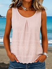 economico Serbatoio Semplice-Per donna Gilet in cotone e lino Arricciato Ricamato Tinta unica Elegante Senza Maniche Senza maniche Scollo Tondo Top Regolari Bianco Rosa Viola Kaki Estate Primavera