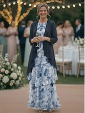 preiswerte Mamas Kleidersets-Zweiteilig A-Linie Bodenlang Kleid für Hochzeitsgäste Brautmutterkleid Ärmellos Dreiviertelarm Rundausschnitt Elegant Einfach Minimalistisch Formell Semi-Formal Chiffon Jacquard mit Blumenmuster