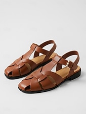 cheap Gladiator Sandals-Women's Brown Woven Closed-Toe Gladiator Sandals - Fisherman Sandals with Adjustable Buckle, Casual Summer Flat Sandals for Everyday Wear and Vacation