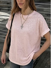 cheap Plain tee-Women's T Shirt Tee Top Rolled Cuff Curved Hem Solid Color Stylish Classic Short Sleeve Crew Neck Regular Tops Casual Going out Black White Pink Gray Summer Spring