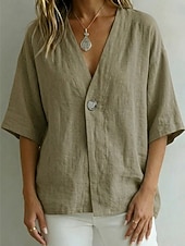 cheap Dressy Blouses-Women's Shirt Blouse Plain Bohemia Half Sleeve V Neck Regular Tops Blue White Pink Brown Green Summer Spring