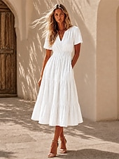  Mujer Vestido Midi Vestido de una línea Vestido de verano Vacaciones Fiesta Cumpleaños Diario Ajuste regular Plano Manga Corta Escote en Pico Azul Piscina Negro Blanco Rosa Verano Primavera