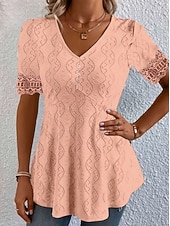  Mulheres Blusa Textura Elegant Elegante Boêmia Vintage Manga Curta Decote V Tops curtos Casual Diário Para Noite Damasco rosa Preto Branco Rosa Roxo Verão Primavera