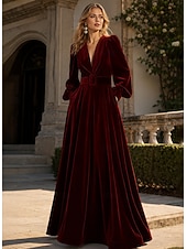 economico Abiti da Sera a Linea A-Abito da sera A-Line rosso nero blu in velluto elegante formale per matrimonio autunnale lungo fino al pavimento con maniche lunghe scollo a V tasca con spacco tasca