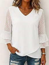 billiga Enkel t-shirt-Dam T-shirt T-tröja Elegant 3/4 ärm Volangärm V-hals Vanliga toppar Ledigt Standkläder Blå Svart Vit Rodnande Rosa Grön Sommar Vår