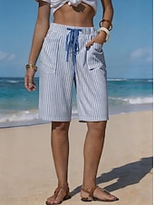 baratos Bermudas-Mulheres chinês Calção Shorts de verão Básico Comprimento do joelho Cintura Alta Listrado Bolsos Cintura elástica Listrado Confortável Conforto Macio Sem Elasticidade Ao ar livre Férias Formal Azul