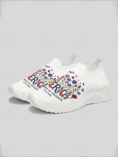  hvite slip-on-sneakers med patriotisk bukett til dame – lette, blomsterprintede tursko til uavhengighetsdagen, parade og sommerfestivaler &uformelt streetwear