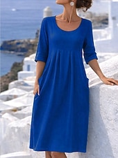  Women's Midi Dress Shift Dress Summer Dress Casual Daily Loose Fit Plain 3/4 Length Sleeve V Neck Blue Summer Spring