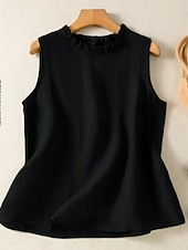  Mujer Camisa Textura Volante Color sólido Plano Vintage Sin Mangas Cuello Barco Tops regulares Casual Café marrón Negro Amarillo Verde Trébol Gris Oscuro Verano Primavera