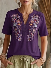 abordables Hauts en dentelle-Femmes Chemisier Hauts en dentelle Chemises brodées Dentelle Broderie Fleuri ancien Boho Manche Courte Col en V Hauts Réguliers Occasionnel Fête Été Noir Vert Véronèse bleu marine Violet Marron Ét