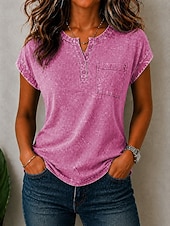 abordables Camiseta lisa-Mujer Algodón lavado 100% Algodón Henley Shirt Bolsillo Color sólido Vintage Elegante Manga Corta Manga Murciélago Tops regulares Casual Verano Azul Piscina Verde Claro Rosa Verano Primavera