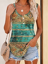 preiswerte Grafiktank-Damen Hemd Bluse Knöpfe Druck Grafik Geometrisch Bohemien Vintage Ethnisch Ärmellos U-Ausschnitt Lange Oberteile Lässig Täglich Grün Sommer Frühling