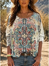economico Tops Boho-Per donna Camicia Boho Blusa Patchwork Stampato Grafico Vintage Elegante Classico Manica Lunga Girocollo Top Regolari Quotidiano Ferie Uscire Cachi Rosa Vino Blu marino Primavera Autunno