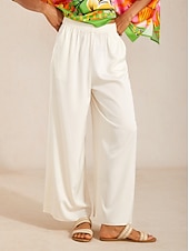 abordables Pantalons-pantalon large en satin blanc soyeux à taille élastique