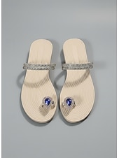 cheap Slide Sandals-Women's Rhinestone Embellished Thong Sandals with Blue Gemstone Detail – Elegant Sandals for Summer, Beach, and Formal Occasions