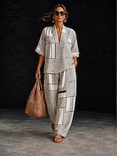 preiswerte Blusenanzüge für Damen-Damen Hemd Baumwoll-Leinen-Sets Hosen-Sets Kurzarm Dreiviertelarm V Ausschnitt Blumen Grafik Geometrisch Druck Urlaub Mode Streetwear Lässig Täglich Outdoor Weiß Beige Frühling &amp; Sommer Lässiger