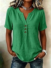 preiswerte Einfache Blusen-Damen Bluse Einfarbig Vintage Stilvoll Basic Kurzarm V Ausschnitt Normale Oberteile Lässig Täglich Blau Khaki Rosa Dunkelgrün Sommer Frühling