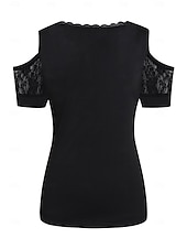  Damen T Shirt Spitzenreiter ausgehen Schwarz Glatt Spitze Ausgeschnitten Kurzarm Casual Wochenende Basic Schulterfrei Standard S