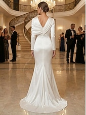 cheap Mermaid Evening Dresses-Mermaid Trumpet Floor Length Evening Gown Elegant Empire Waist Evening Long Sleeve High Neck Evening Party Wedding Stretch Satin with Pleats Solid Color