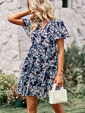 economico Abiti floreali-Per donna Abito al ginocchio Abito a Tubino Vacanza Casual Spiaggia Spiaggia Vestibilità regolare Floreale Grafico Manica Corta Scollo a V Blu Bianco Rosa Verde Estate Primavera