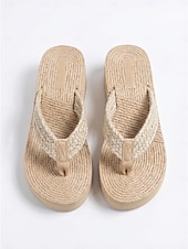 preiswerte Rutschsandalen-Damen-Flip-Flops aus Stroh mit Plateausohle – sommerliche Keilsandalen im Boho-Stil mit geflochtenen Riemen, ideal für Strandurlaub und Resort-Aktivitäten. &amp;gemütliches Spazierengehen im Freien