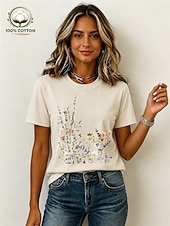 cheap Floral tee-Women's 100% Cotton T Shirt Print Floral Graphic Vintage Stylish Casual Short Sleeve Crew Neck Regular Tops Casual Daily Weekend Light Beige Black White Pink Summer Spring