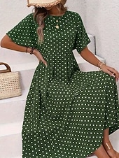 preiswerte Einfaches Kleid-Damen Midikleid Freizeitkleid T-Shirt-Kleid A Linie Kleid Elegant Mode Modern Outdoor Urlaub Ausgehen Normale Passform Tupfen Kurzarm Rundhalsausschnitt Blau Gelb Rosa Grün Sommer Frühling